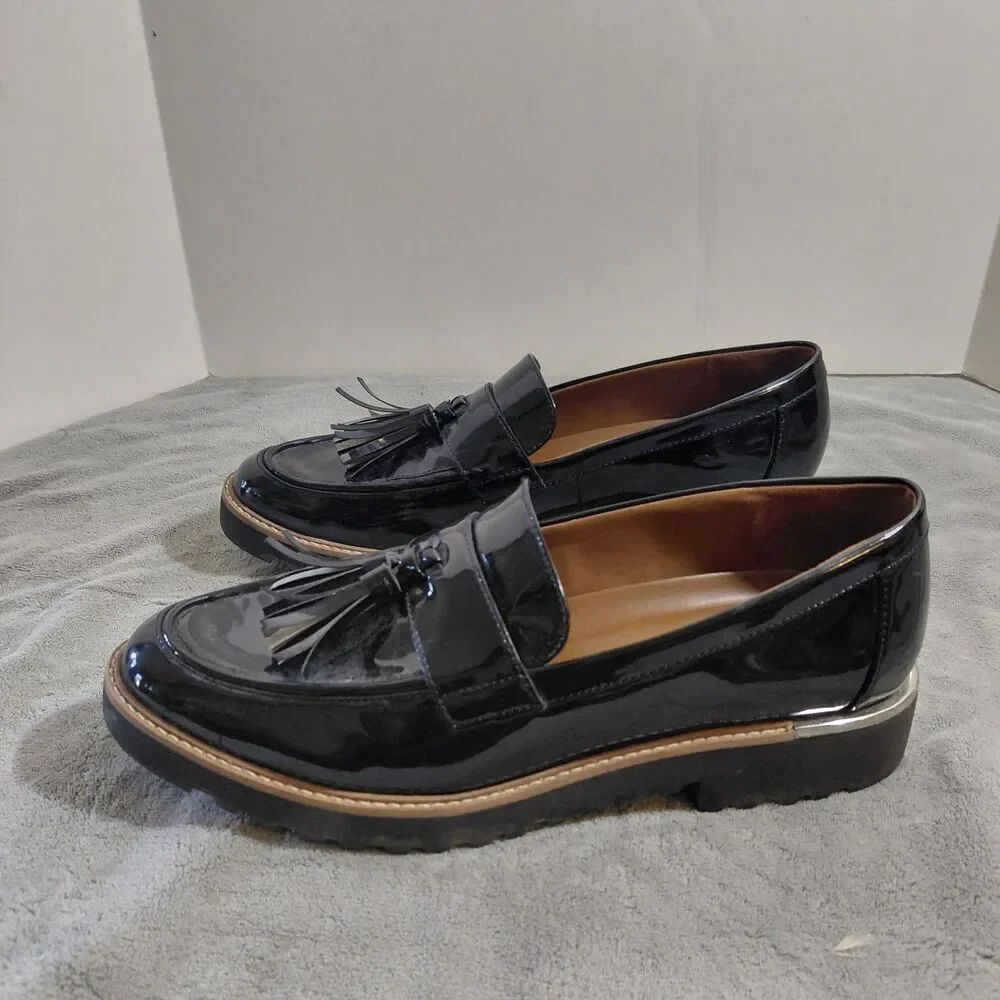 Franco Sarto Carolynn Tassel Loafers Womens 10M Patent Black Almond Toe Slip On